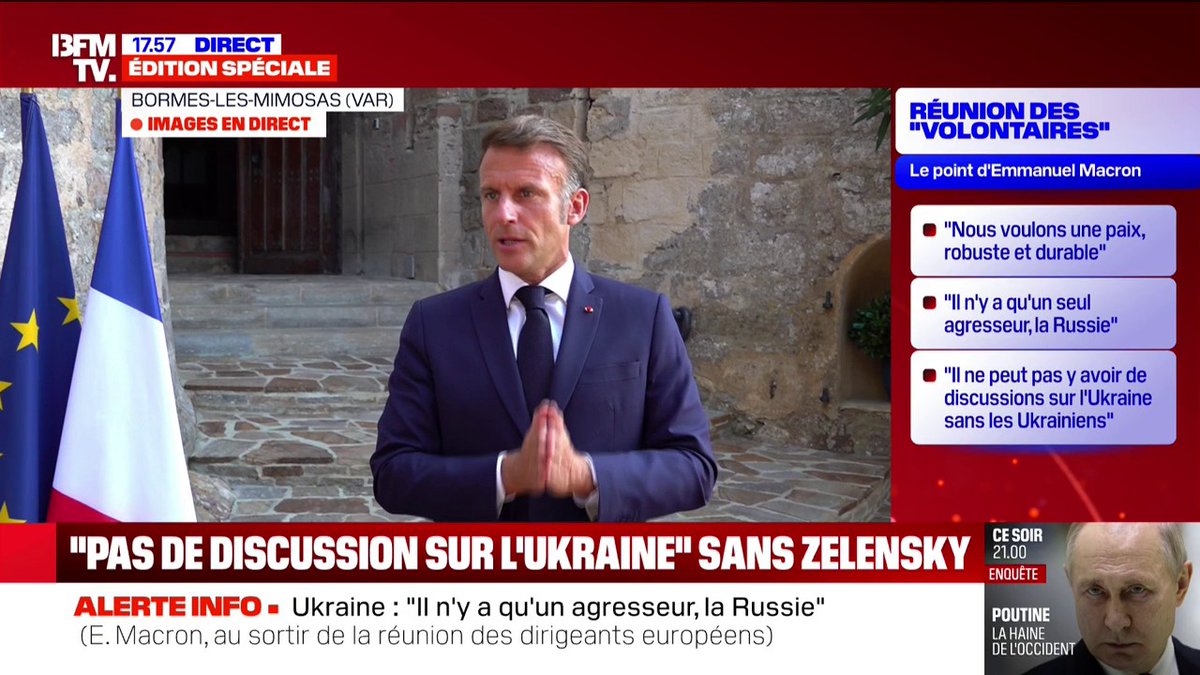 "Pas de discussion sur l'Ukraine sans les Ukrainiens" Guerre en Ukraine: Emmanuel Macron détaille ce qui s'est dit lors de la visioconférence entre les Européens avant la rencontre à Washington ce lundi avec Donald Trump