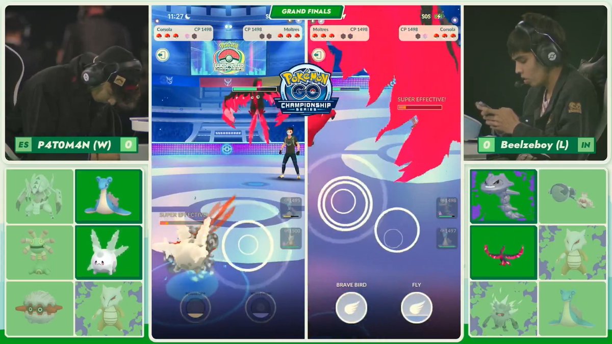 Things have kicked off already in the first match of the #PokemonWorlds Grand Finals! Finalist Beelzeboy is one step ahead, catching the opposing Sparkling Aria with their own Lapras and commanding a huge lead in the first game! #PokemonGO #GOBattle
