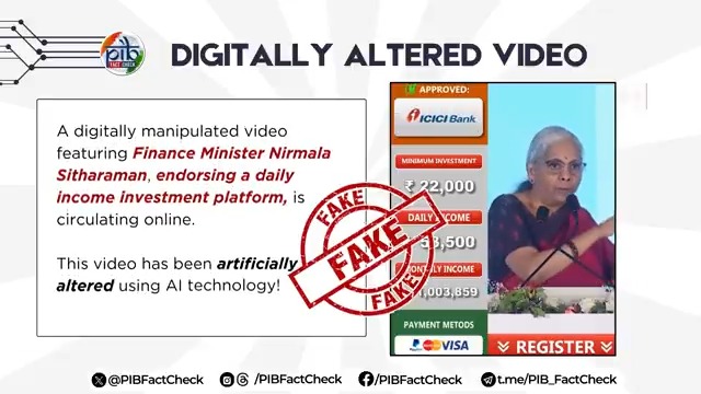 💥Chance to earn ₹60,000 in a day & upto ₹10 Lakhs in a month❓💥 🚨Too Good to Be True ⁉️Think Again‼️ A video circulating on Facebook claims that the Union Finance Minister Nirmala Sitharaman is promoting an investment program promising that an investment of ₹22,000 can help you earn up to ₹10 lakh per month! #PIBFactCheck ✅ ❌ This is a SCAM! It is a digitally altered #fake video. ⚠️ No such program has been launched or endorsed by the Finance Minister or the Government of India. 🔒 Don’t fall prey to any such suspicious investment claims! 📢 Stay alert. Verify before you trust. Ministry of Finance