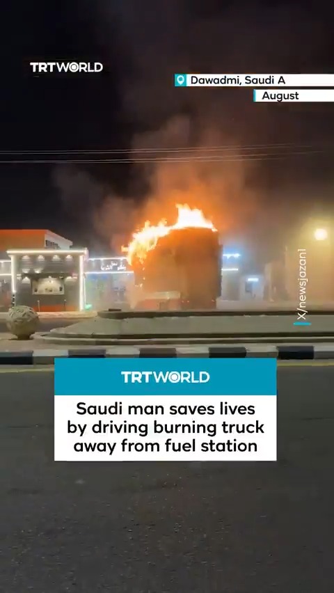 A Saudi man risked his life to save dozens by driving a burning truck loaded with fodder away from a petrol station in Dawadmi, Saudi Arabia
