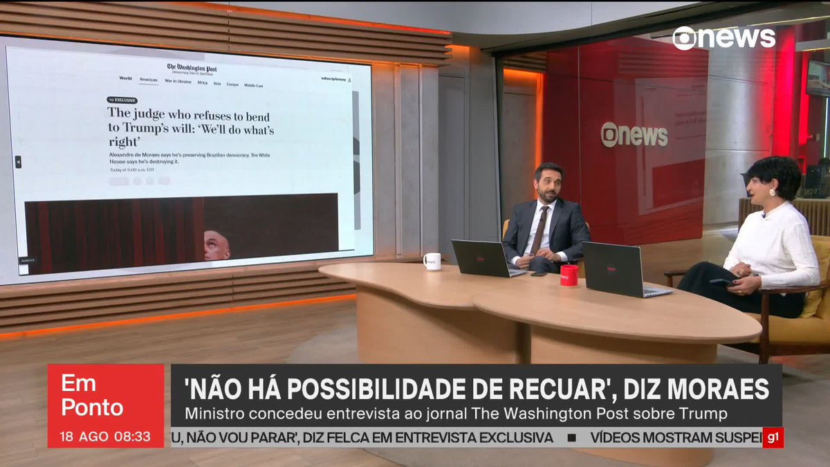 Em entrevista ao The Washington Post, Moraes diz que não vai recuar 'nem um milímetro'. #GloboNewsEmPonto ➡ Assista à #GloboNews: