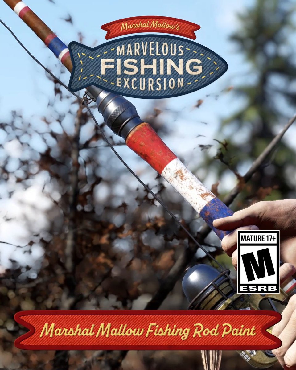Add a little bit of flair to your fishing rod with this Marshal Mallow Fishing Rod paint! Obtainable through the Marvelous Fishing Excursion in-game event! #Fallout76
