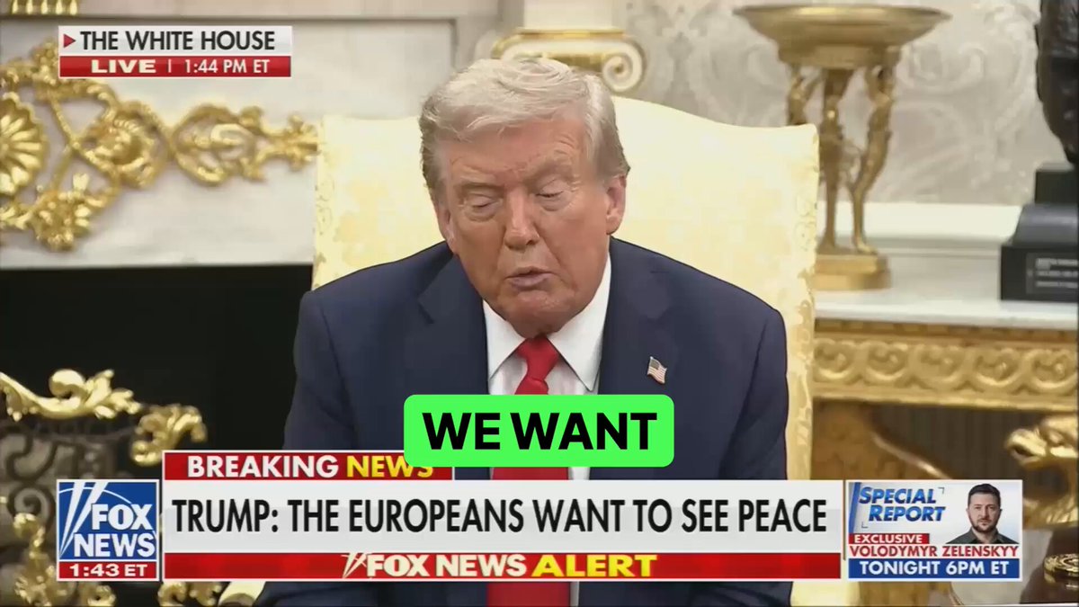 WATCH: Trump doubles down — “I want to get the war STOPPED” — and then drops a bombshell: he’s calling Putin TODAY to set up a trilateral meeting. He said if they can reach that point, “there’s a good chance” of ending the war ENTIRELY. “He’s expecting my call when we’re finished with this meeting.” Wow. This is big.