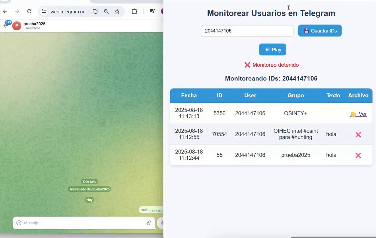 Con Telegram + Python Flask puedes crear tu aplicacion para monitorear usuarios o ciberdelincuentes en grupos y canales para OSINT. Solo necesitas: tu cuenta de Telegram, un número vinculado y tu código listo. Puedes usarla local o en línea con Visual Studio Dev Tunnels o PythonAnywhere. Lo que usamos en el código para monitorear es el ID del usuario. Este ID se obtiene con Telethon, ya sea a partir de su username o de cualquier publicación que haya hecho en canales o grupos públicos. Con este ID, la aplicación puede rastrear su actividad sin necesidad de acceder a su cuenta directamente. Lo importante es que aunque el usuario borre mensajes, puedes guardar evidencia mediante capturas o guardando los archivos que envíe. Aprende a crear tu aplicación sin saber programar en nuestro curso de OSINT. Info: