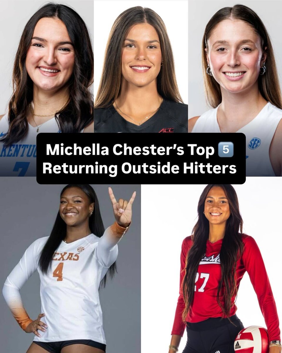 4️⃣ more days 🤩 Michella Chester shares her top five returning outside hitters! ⬇️ Brooklyn DeLeye - Kentucky Volleyball Harper Murray - Nebraska Volleyball Torrey Stafford - Texas Volleyball Eva Hudson - Kentucky Volleyball Elia Rubin - Stanford Women's Volleyball #NCAAWVB
