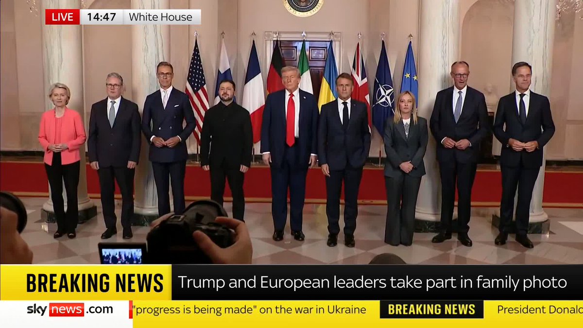 Donald Trump and European leaders gather for a group photo as they meet at the White House alongside Ukrainian President Volodymyr Zelenskyy for talks on the war in Ukraine. 📺 Sky 501, Virgin 602, Freeview 233 and YouTube