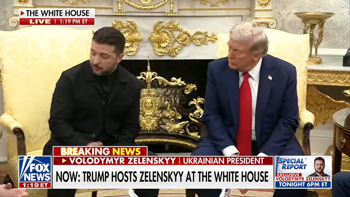 ゼレンスキー大統領「妻から手紙を預かっていて、」 (手紙を受け取りながら) トランプ大統領「ほう」 ゼレンスキー大統領「あなたにじゃないです。メラニアさんです。」 トランプ大統領「私も欲しいな。」 (一同笑う。) 前回のホワイトハウスの会談から考えられない位和やか