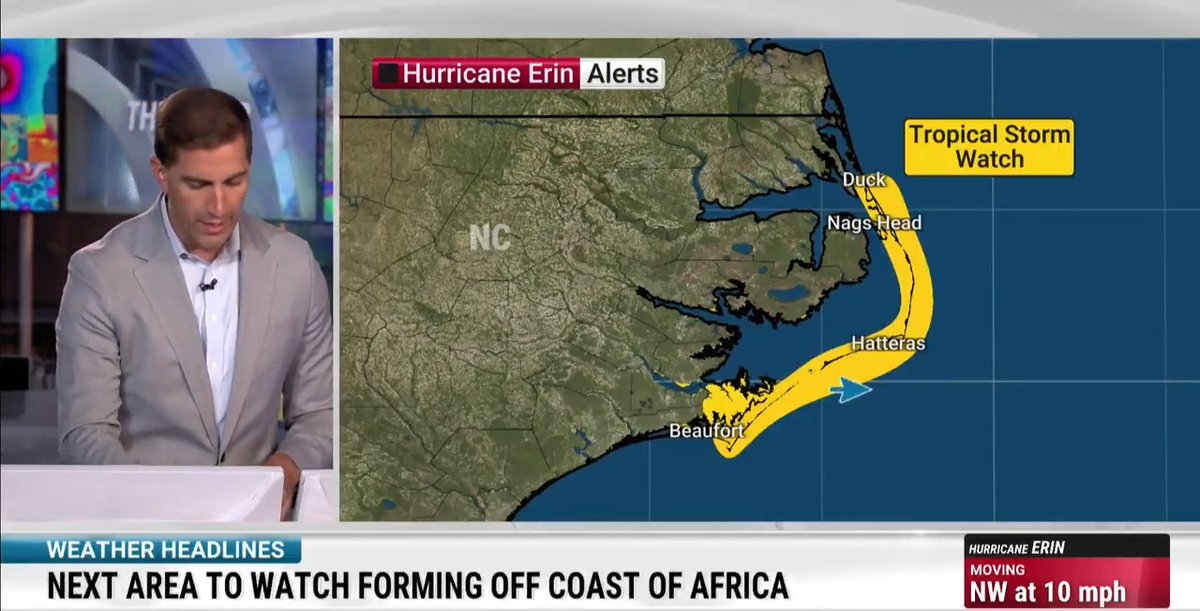 Tropical storm and storm surge watches for the North Carolina Outer Banks have been issued as powerful Hurricane Erin continues to move northwest in the Atlantic. Meteorologist Chris Bruin has the details: