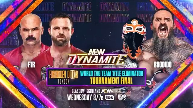 #AEWDynamite 8/7c on TBS + HBO Max This Wednesday, 8/20! World Tag Team Title Eliminator Finals FTR vs @BrodyXKing/@BandidoWrestler Big Stoke took Bandido's mask while Dax FTR + Daniel “Cash” Wheeler brawled with Brody King on Collision! See who goes to #ForbiddenDoor, WEDNESDAY!