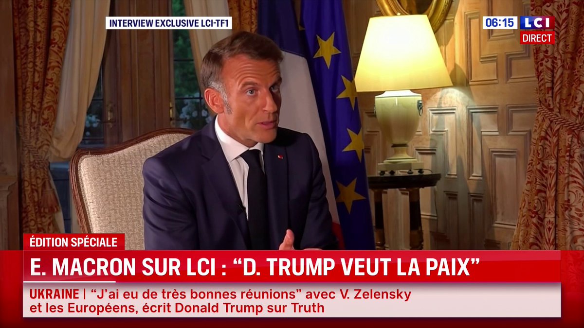 🔴 Interview exclusive d’Emmanuel Macron sur TF1/LCI 🗣️ "Le président Trump veut la paix, c'est une bonne chose et c'est ce qui nous unit à lui (...) Il ne faut pas que cette paix soit précipitée, qu'elle n'ait pas des garanties profondes sinon on repart à la case départ."