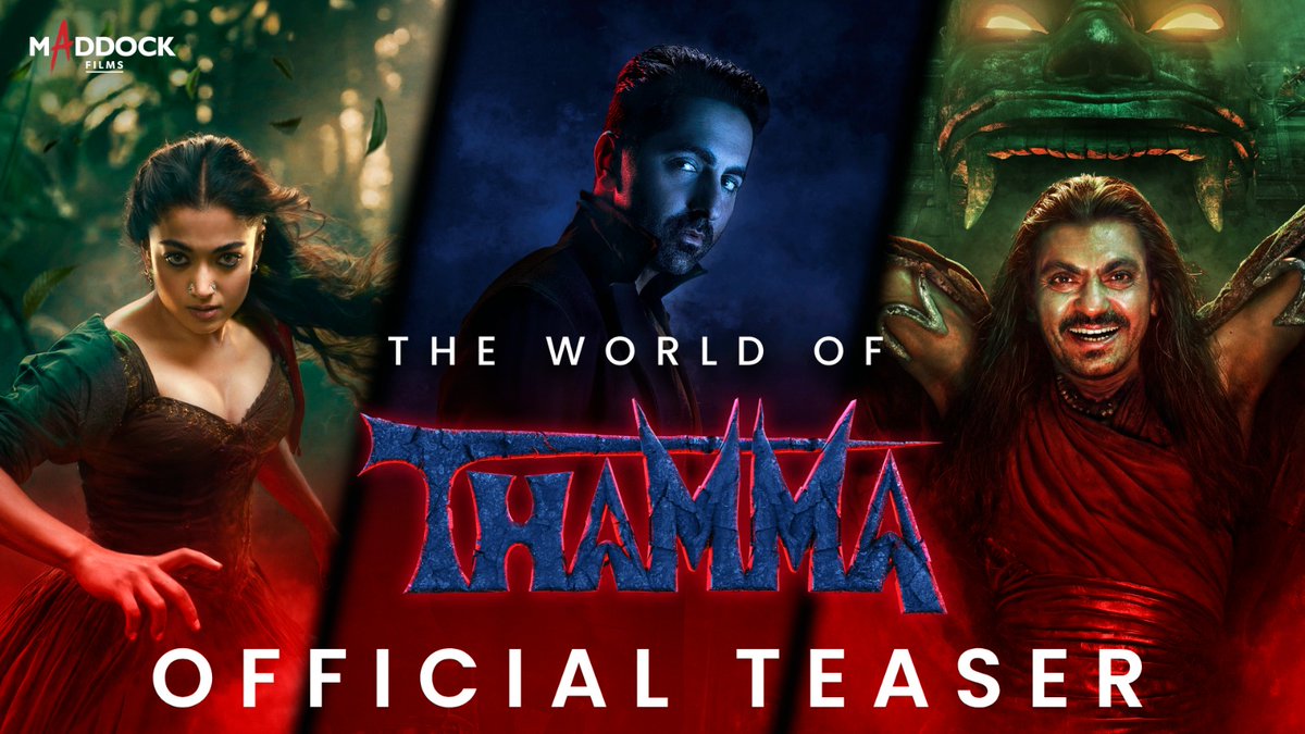 Na darr kabhi itna shaktishaali tha, aur na pyaar kabhi itna BLOODY!🦇 Brace yourself this Diwali to witness the first love story in the Maddock Horror-Comedy Universe. Step into the World of Thama, a cinematic experience unlike anything you’ve seen before, storming into cinemas worldwide. #Thama Teaser Out Now! 🔗- #WorldOfThama #ThamaThisDiwali #MaddockFilms