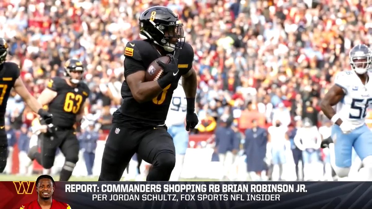 The Bears need depth at RB and the Commanders are exploring trades for Brian Robinson Jr. The 26-year-old had 799 yards, 8 TD, and averaged 4.3 YPC last season. He also played under Eric Bieniemy in '22. Should the Bears pursue a trade for him? 👀🤔