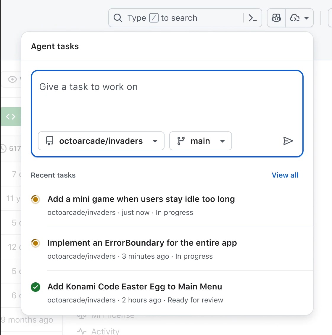 You can now delegate tasks to GitHub Copilot coding agent from any page on GitHub 🤖 Open the new Agents panel in one click, write a simple prompt, then hit Enter. GitHub Copilot works in the background, and opens a PR for your review. No interruptions to your workflow required. ✅