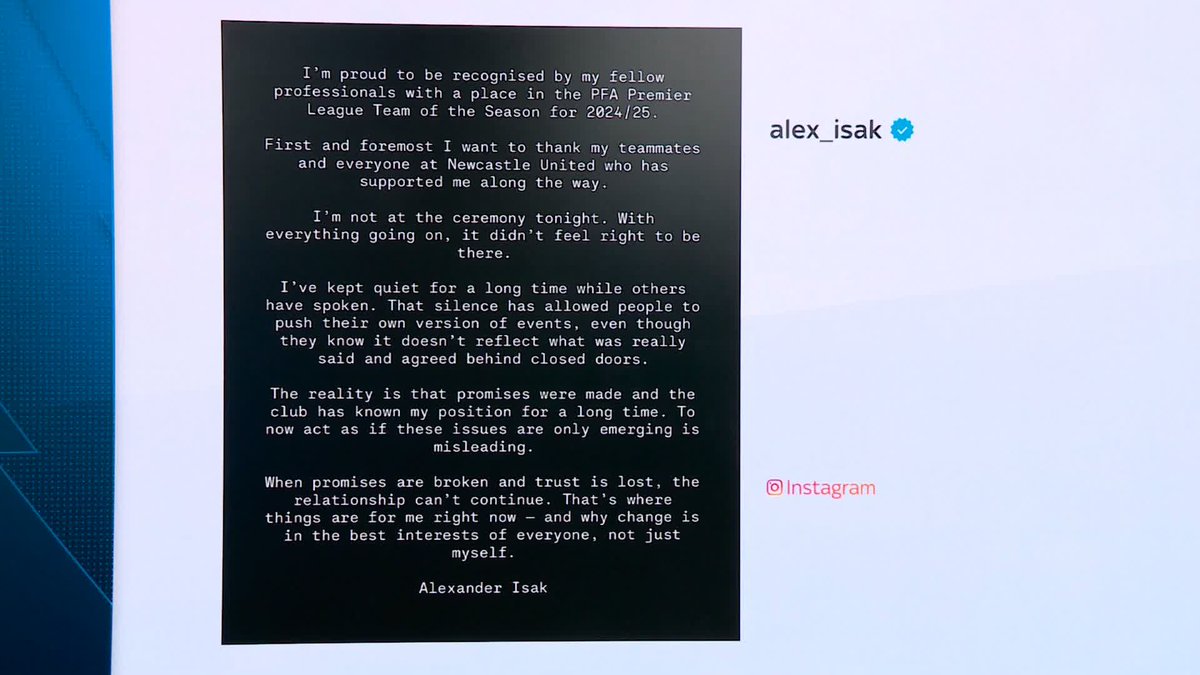 Alexander Isak has posted a strong statement on Instagram stating that "promises were made and the club has known my position for a long time."
