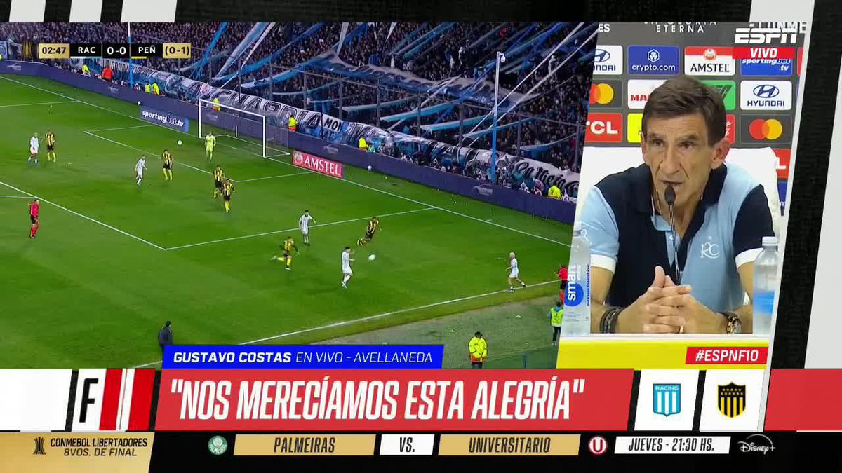 "NOS MERECÍAMOS ESTA ALEGRÍA". Gustavo Costas tras la épica clasificación de Racing a los cuartos de final de la Copa tras vencer a Peñarol. 📺 Mirá TODA la CONMEBOL #Libertadores por #DisneyPlus Plan Premium
