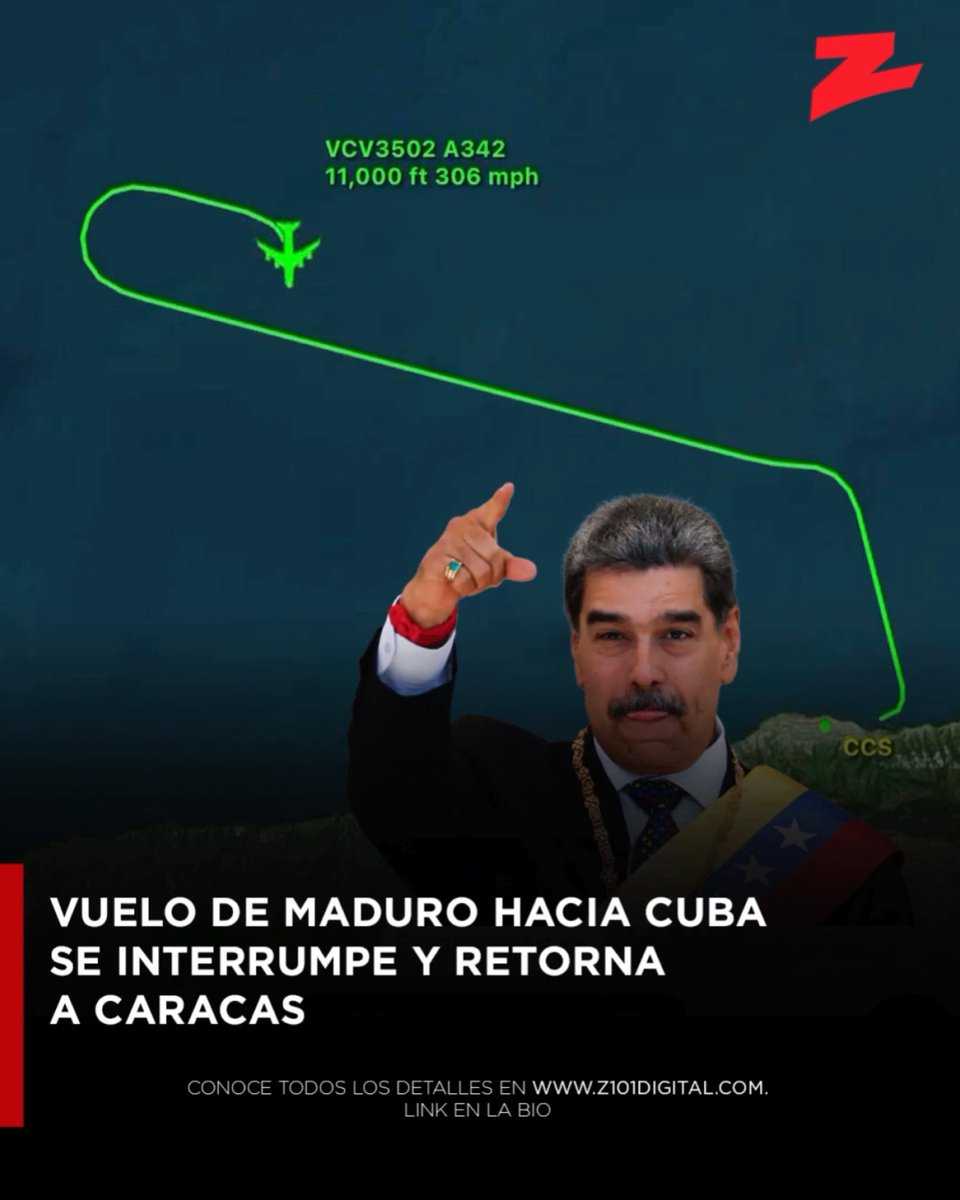 🇻🇪 | Caracas, Venezuela — El avión presidencial VCV3502, abordado por Nicolás Maduro, despegó la noche de este martes desde Maiquetía con destino a Cuba. Sin embargo, tras 10 minutos de vuelo realizó maniobras en el aire y regresó, aterrizando nuevamente en Maiquetía a las 10:26 p.m. Hasta el momento no hay confirmación oficial sobre las causas. #Venezuela #Maduro #Cuba #EEUU #ZDigital