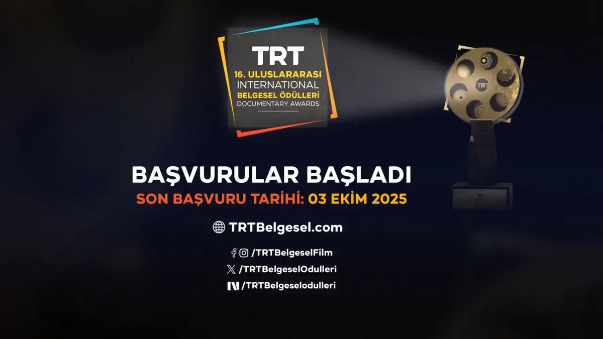 16. TRT Uluslararası Belgesel Ödülleri başvuruları başladı! 🎬📢 Son başvuru tarihi: 03 Ekim 2025 👉 Başvuru için: