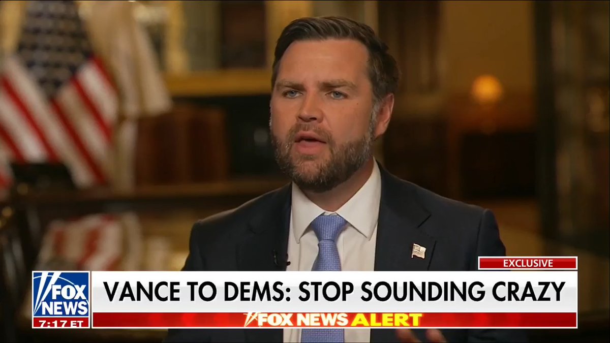 VP Vance slams Democrats in exclusive Laura Ingraham interview: "They're calling Donald Trump a fascist for taking action that in 9 days has dropped armed robberies by 55%. So, part of sounding less crazy is being less crazy — and if the Democrats were less crazy, I think we'd all get along a whole lot better.