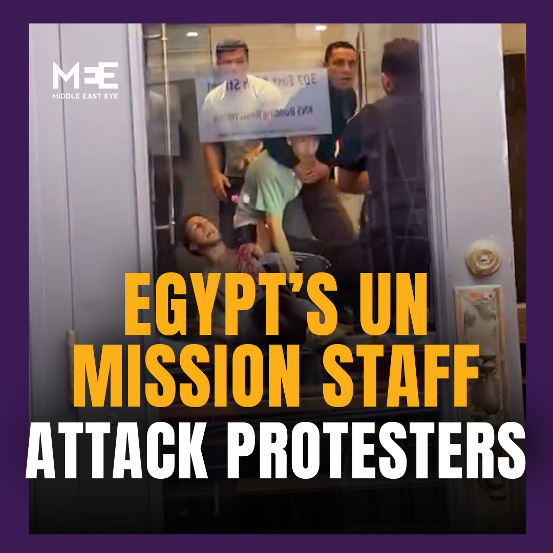 A video circulating online shows two protesters outside the Egyptian Mission to the United Nations in New York being forcibly dragged inside and assaulted by staff members