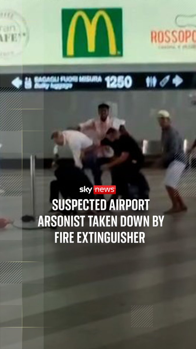 An 'agitated' man wielding a hammer stunned passengers in Milan's Malpensa Airport as he allegedly set fire to a bin and began attacking nearby screens.