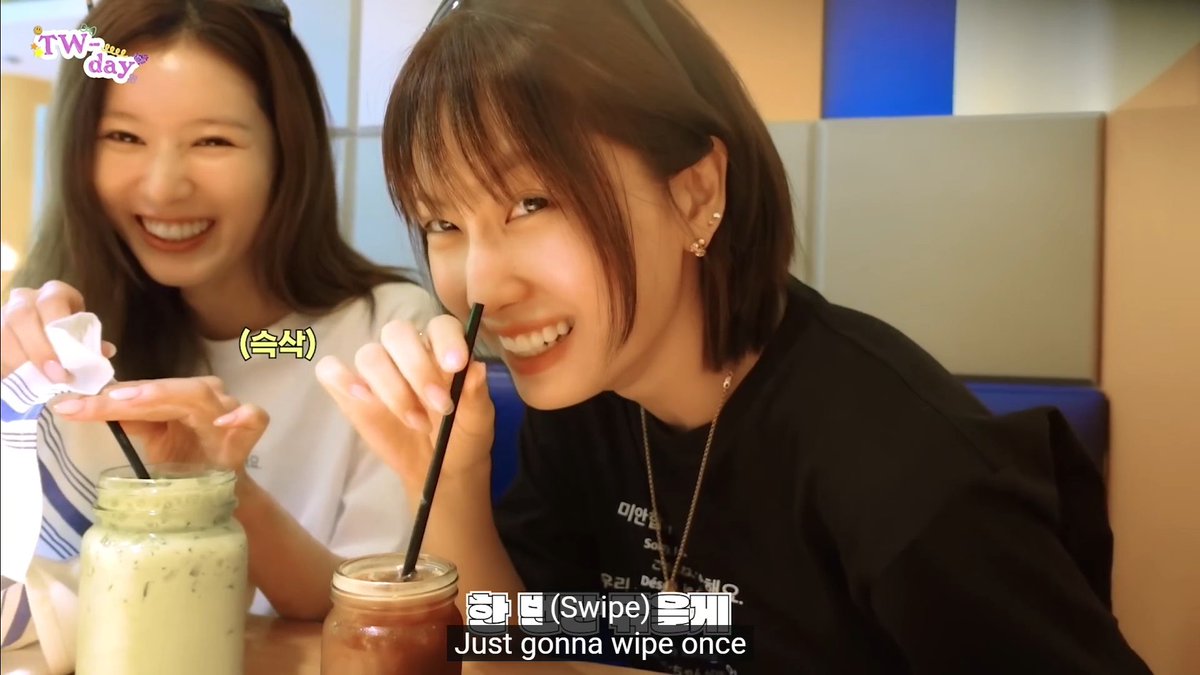 Sana: Oh you have to try my drink! Momo: *sips* But I've got a cold, is that okay? Sana: Why would you say that AFTER drinking it? Momo: Both mine now~ Sana: I'm really sorry, I love you, but I'm gonna wipe it just this once SAMO ARE SO 😭😭