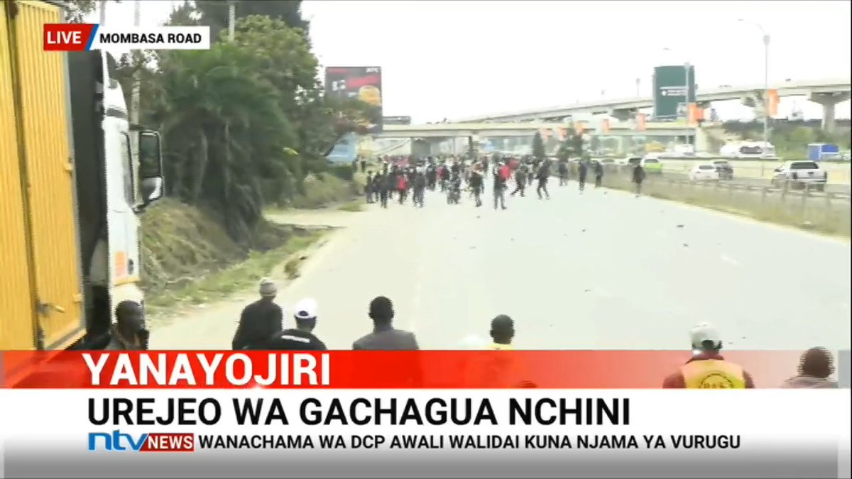 Goons stone Rigathi Gachagua's convoy on Mombasa Road, disrupt traffic; police lob tear gas to disperse crowds.