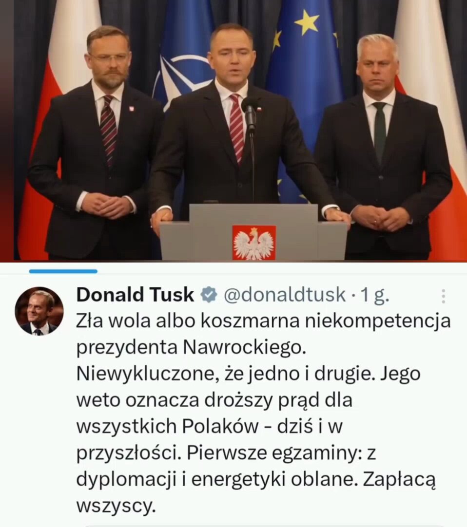 🔥Prezydent Karol Nawrocki rozegrał Donald Tusk🤡 jak jakiegoś uczniaka, wręcz przedszkolaka, amatora! 1. Zawetował ustawę "wiatrakową" w którą Tusk wrzucił mrożenie cen. 2. Tusk się odpalił na X, że PKN nie chce niskich cen energii. 3. Kancelaria Prezydenta RP przepisał słowo w słowo, przecinek w przecinek ustawę mrożenia cen z tej "wiatrakowej" i złożył do Sejmu. Szach-mat😎‼️ P.s. Dawaj Donek, pokaż, że zależy Ci na niższych cenach, dla Polaków, a nie na niemieckich wiatrakach i poprzyj tę ustawę😏!