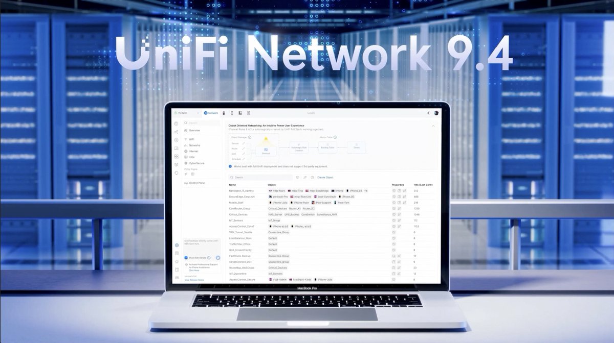 Explore UniFi Network 9.4: 🔹 Object Networking - a radical new concept that intelligently coordinates micro-segmentation across your UniFi hardware stack. 🔹 Elevated Dashboard Insights with new ISP metrics and flow visibility. 🔹 Deeper IPv6 Support and more!