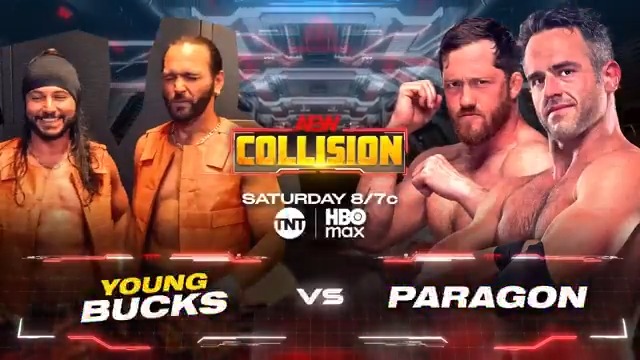 #AEWCollision 8/7c, TNT + HBO Max This Saturday, 8/23 Young Bucks vs Paragon @KORCombat + @RoderickStrong kept The @YoungBucks from further attacking Will Ospreay • ウィル・オスプレイ on #AEWDynamite and now they'll COLLIDE in a tag team match the night before #ForbiddenDoor, THIS SATURDAY!