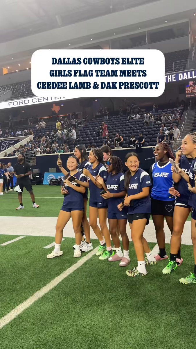 Still buzzin’ from this surprise 🫨 CeeDee Lamb and Dak Prescott surprised the Dallas Cowboys Elite Girls Flag Football team after practice! #DallasCowboys | NFL FLAG