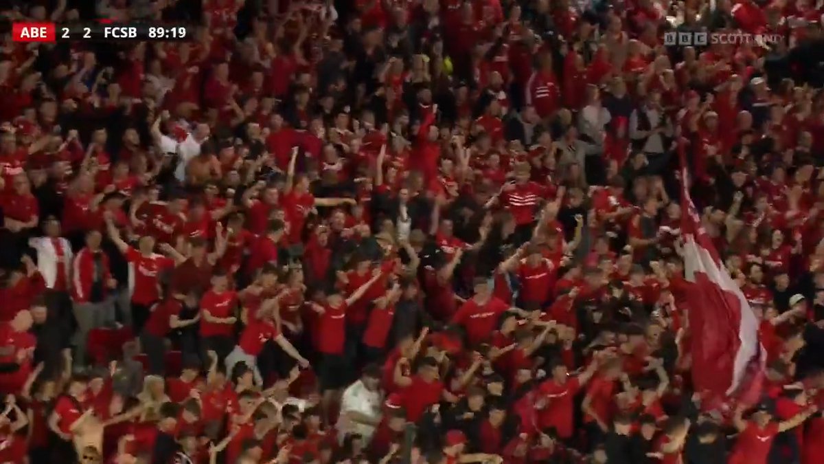 Goal! Aberdeen 2-2 FCSB ⚽️ From 2-0 down, Aberdeen are level as Ester Sokler heads in and sends Pittodrie wild. #BBCFootball