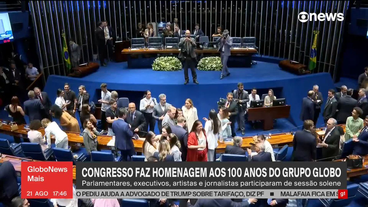 O Congresso realizou uma sessão solene nesta quinta-feira (21) para homenagear os 100 anos do Grupo Globo. Veja techo. ➡ Assista na #GloboNews: #GloboNewsMais