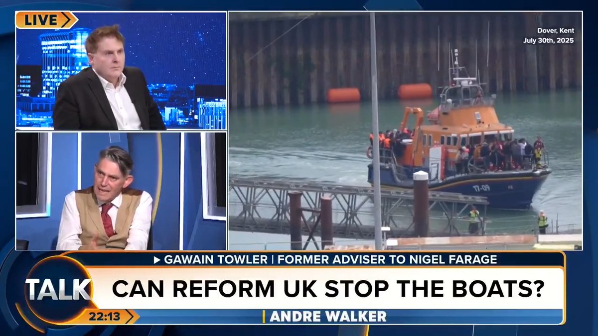 "If you arrive in the UK in an illegal fashion, you will never, ever, ever be allowed to remain - no matter how much you've had a miserable life." Gawain Towler says Nigel Farage will stop the boats immediately if he wins the next general election. André Walker Gawain Towler