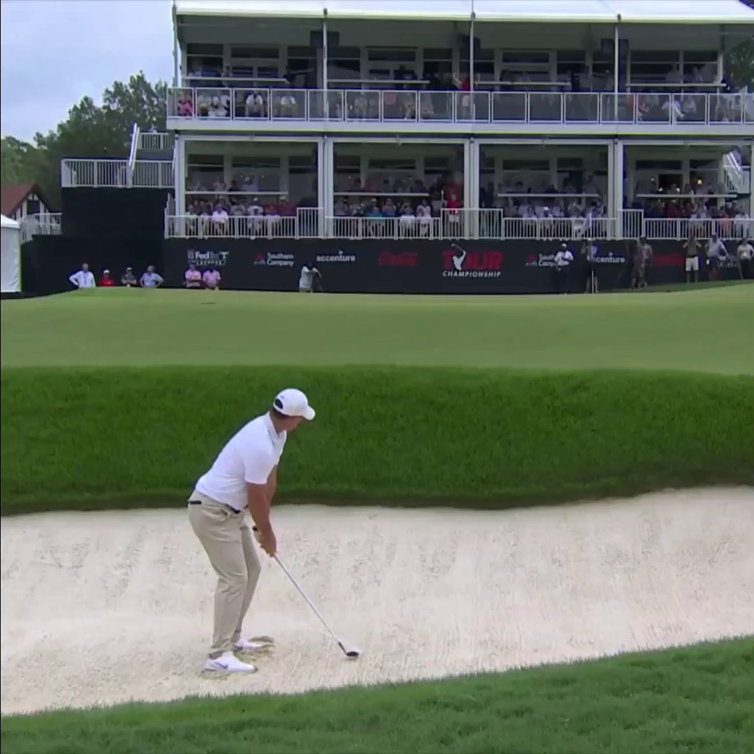 Rory McIlroy with a ridiculous up-and-down for birdie off the grandstand sign on 18. 😂