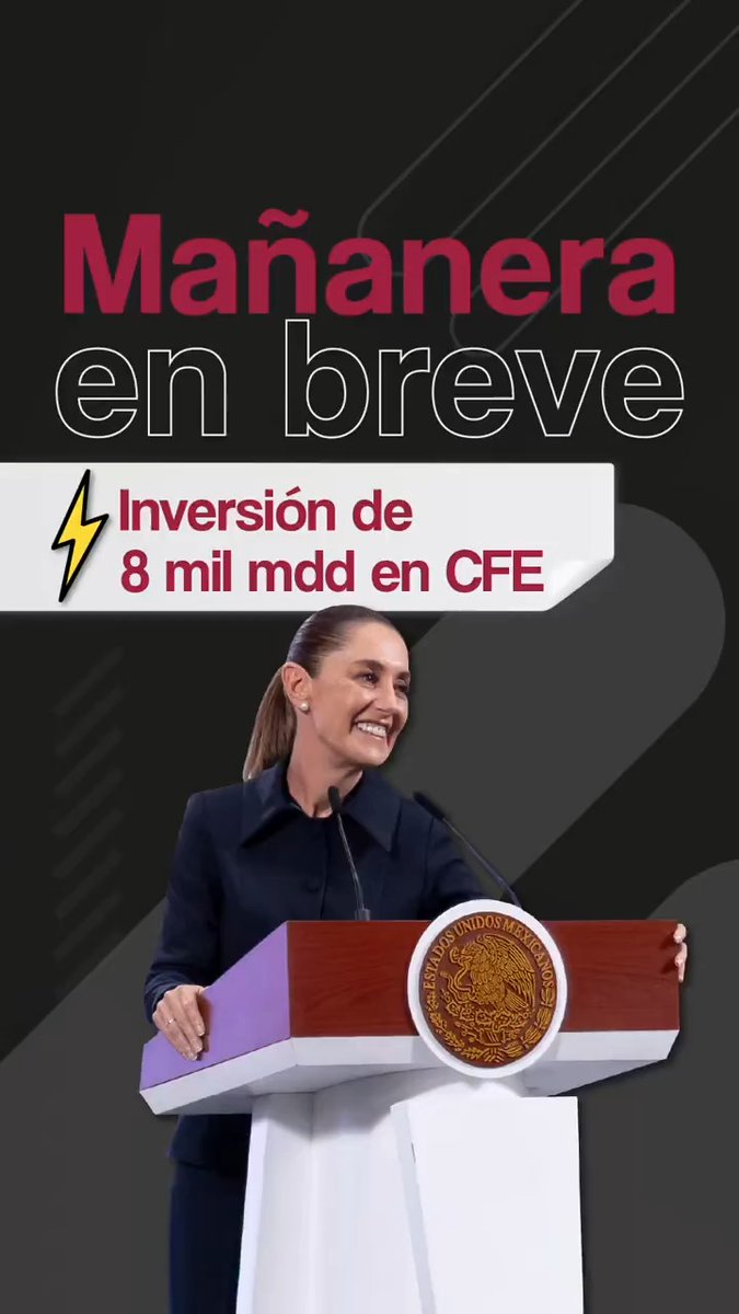 La #MañaneraEnBreve de la presidenta Claudia Sheinbaum Pardo: ⚡ Mejoramos la Red Nacional de Transmisión CFEmx. 📈 Crece inversión extranjera directa en segundo trimestre 2025. 📑 1.º de septiembre, Primer Informe de Gobierno.