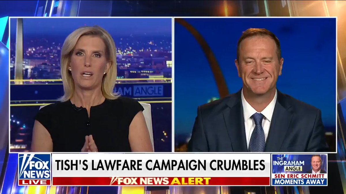 .Senator Eric Schmitt reacts on Laura Ingraham after NY appeals court throws out $500M penalty against Trump in Letitia James civil case: "This is a huge victory for President Trump and I think a defeat for the lawfare we saw from the Democrats."