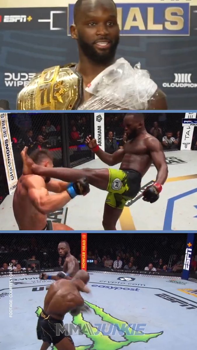 Fabian Edwards reacts to the “crazy” coincidence of matching head kick KOs with his brother Leon at #PFLWorldTournament 🤯 (via PFL, @UFC)