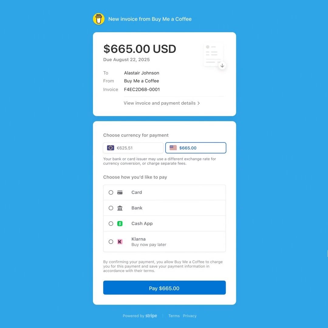 🆕 Adaptive Pricing is now available on the Hosted Invoice Page. Let customers pay invoices in their local currency in over 150 countries.