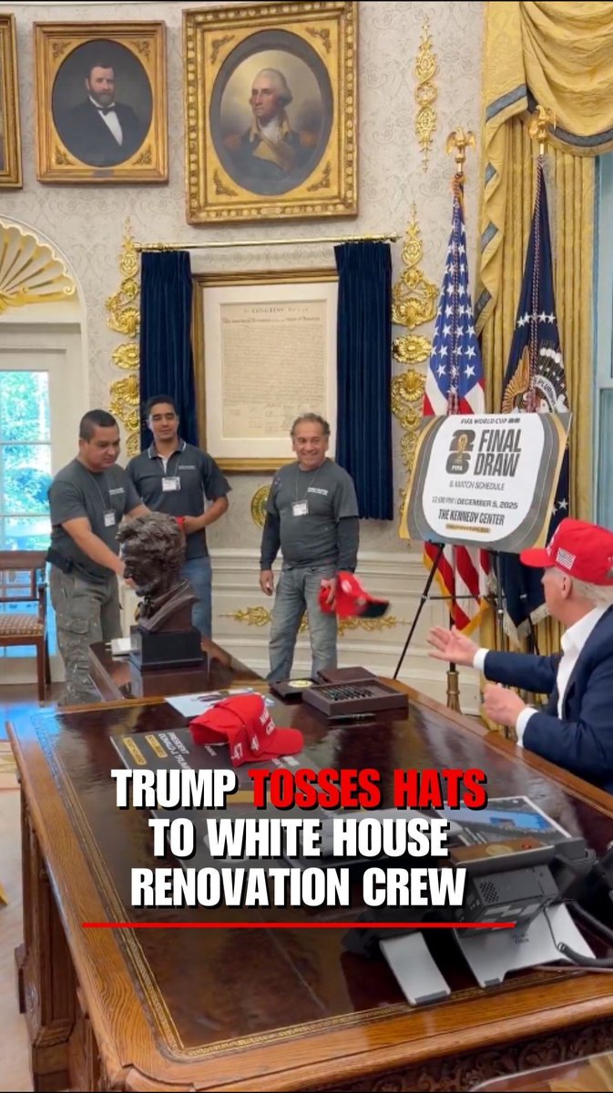 'I RESPECT TALENTED PEOPLE': President Trump welcomes the White House renovation crew into the Oval Office and tosses them hats.
