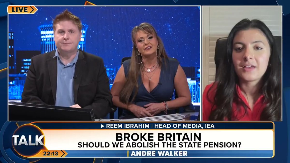 Reem Ibrahim from the IEA says the state pension must be "abolished." "I will never get a state pension so why should I work all my life to give these people a state pension?" André Walker Danielle Nicholls Reem Ibrahim