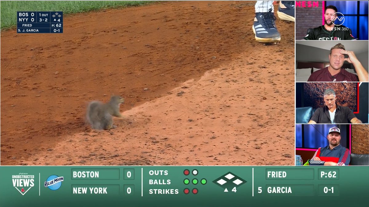 "WE'VE GOT A SQUIRREL" The rally squirrel has arrived, ladies and gents. Unobstructed Views is presented by Blue Moon Brewing Co. When you choose a Blue Moon, everything becomes brighter. Jared Carrabis | Jonathan Papelbon | Lenny DiNardo | Céad Míle Fáilte