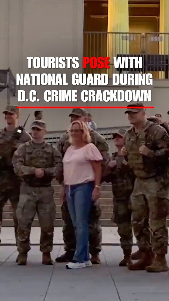 NEWEST ATTRACTION: Tourists pose with National Guard troops stationed near the Lincoln Memorial as part of President Trump’s crackdown on crime in Washington, D.C.