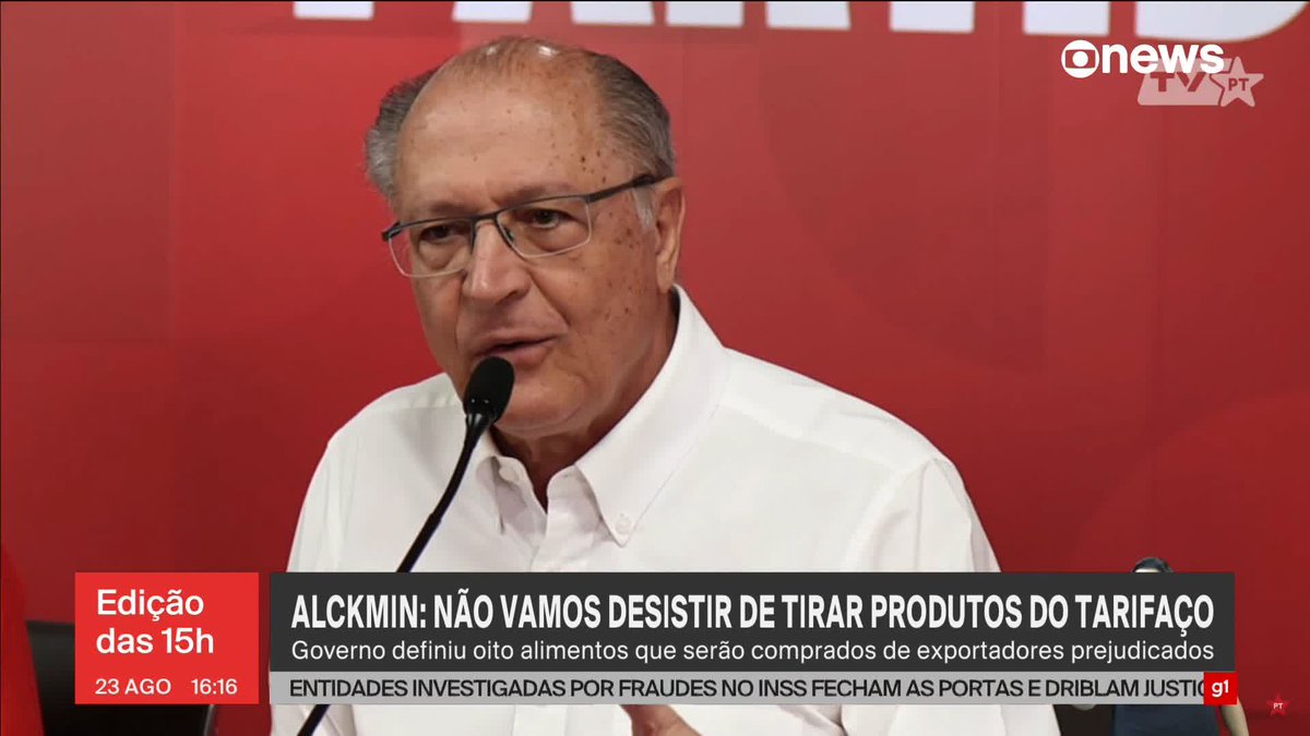 “Nós não vamos desistir de baixar essa alíquota e tirar mais produtos. Você não pode usar a política regulatória, que é imposto de importação e exportação, por razões partidárias, por outras razões outras. Não tem sentido, é uma fragilidade jurídica, e isso pode ser decidido agora em setembro, pode chegar até a Suprema Corte. Eles entraram com a tal da Seção 301, para investigar o Brasil. Isso já teve há muitos anos, e foi tudo arquivado. Tinha prazo, e foi tudo respondido até segunda feira passada”, disse o vice-presidente, Geraldo Alckmin, sobre o tarifaço de Donald Trump. ➡ Assista na #GloboNews: