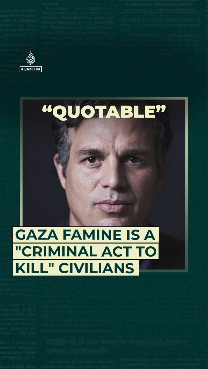 “We're going to sit here and watch this happen? It’s insane. It’s heartbreaking.” US actor Mark Ruffalo calls the recently declared famine in Gaza a “man-made disaster” caused by Israel and urges President Trump and world governments to take action.