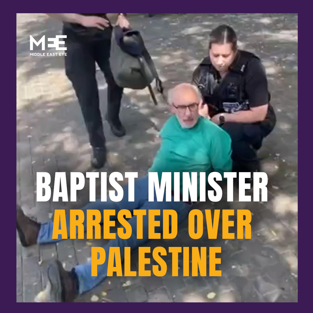Baptist minister James Grote was arrested outside his church while holding a sign protesting the ban on Palestine Action and condemning the ongoing genocide in Gaza.