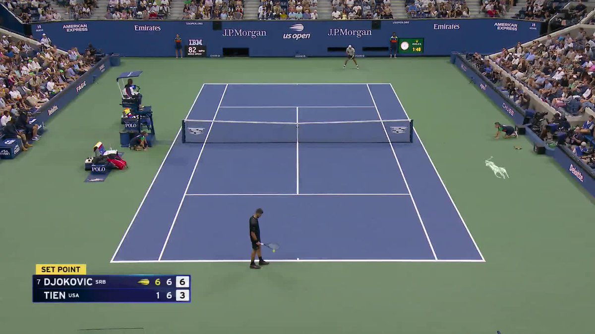 Tiebreak Novak engages, and he takes the second set over Learner Tien. He's a set away from Round 2.