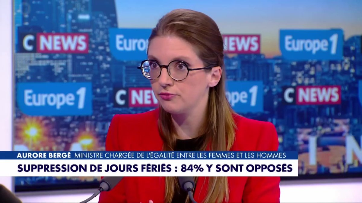 Suppression de deux jours fériés : "Je pense qu'augmenter le temps de travail dans notre pays est une bonne chose, et même une nécessité" déclare Aurore Bergé #LaGrandeITW #Europe1