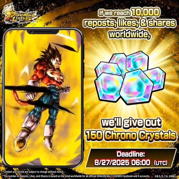 ◤Social Media Campaign◢ We're celebrating the release of a new character by holding a social media campaign! We're giving away 150 Chrono Crystals if this post reaches 10,000 likes, shares, and reposts worldwide! Ends: 8/27 06:00 (UTC) (Sched.) #DBLegends #DragonBall