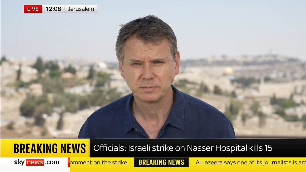 At least 15 people, including several journalists, have been killed in an Israeli strike on the Nasser Hospital in Gaza. Sky's Middle East correspondent Adam Parsons has the latest Live updates: