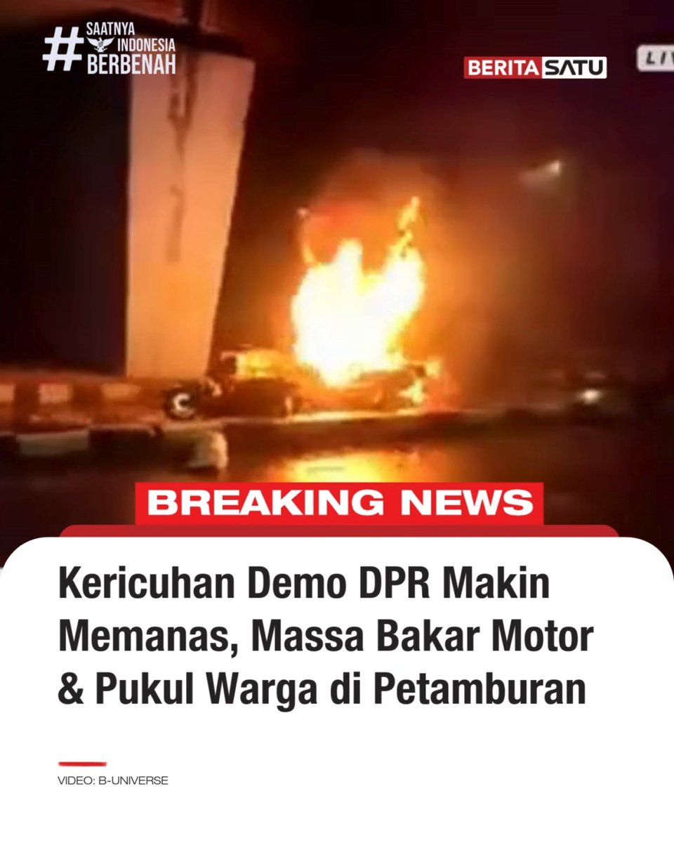 Kericuhan demo DPR makin meluas hingga ke daerah Petamburan, Jakarta Pusat pada Senin (25/8/2025). Massa membakar 2 motor yang diduga milik warga di dekat Halte Transjakarta Petamburan. Selain itu, aksi pemukulan kepada warga diduga dilakukan oleh oknum massa pendemo. Ikuti berita selengkapnya di Beritasatu TV, & YouTube BeritaSatu! #DemoDPR #DPRRI #Kericuhan #NurulArifin #SaatnyaIndonesiaBerbenah #BeritaSatu
